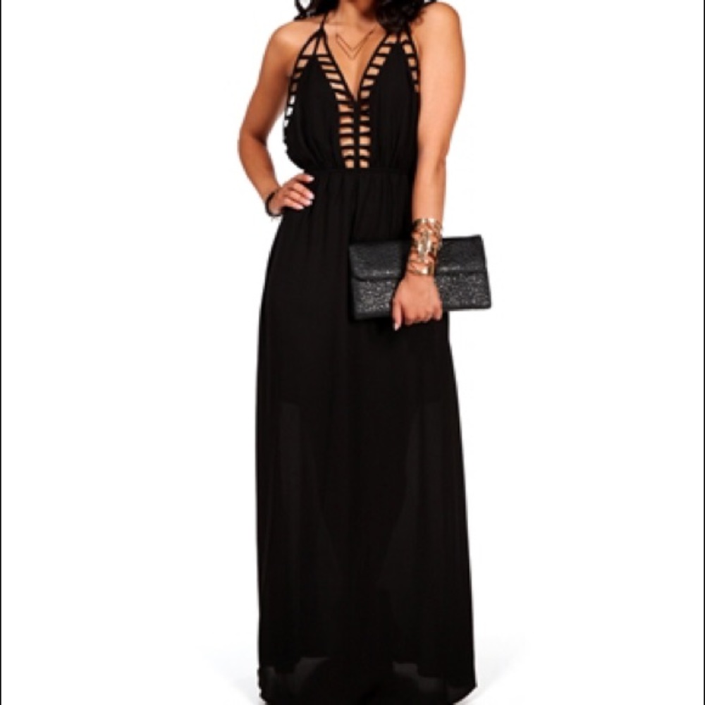 Indah Black Strappy Plunge Maxi Jumpsuit